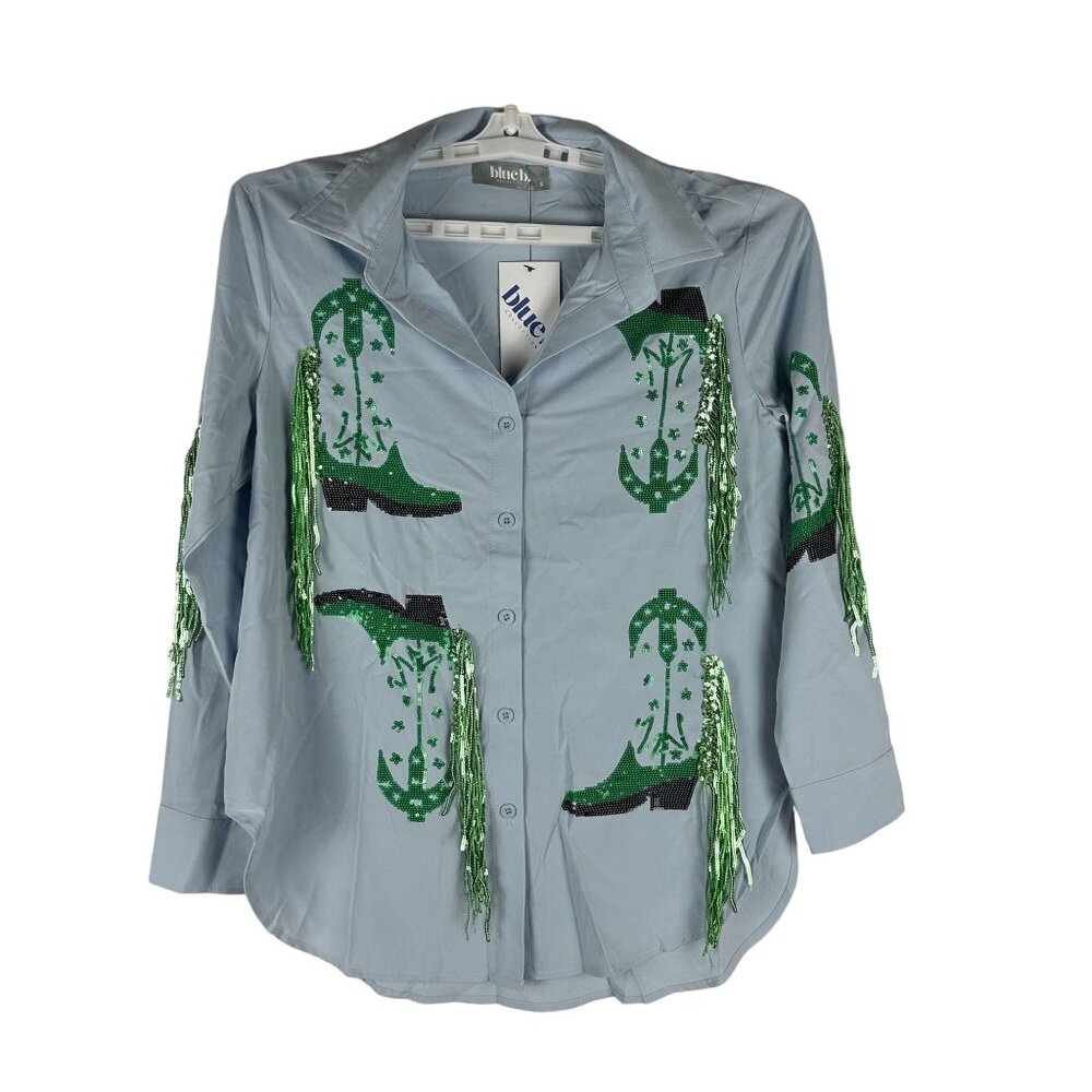Blue B. Collection Western Style Button-Up Shirt Green Sequin Cowboy Boot Size S